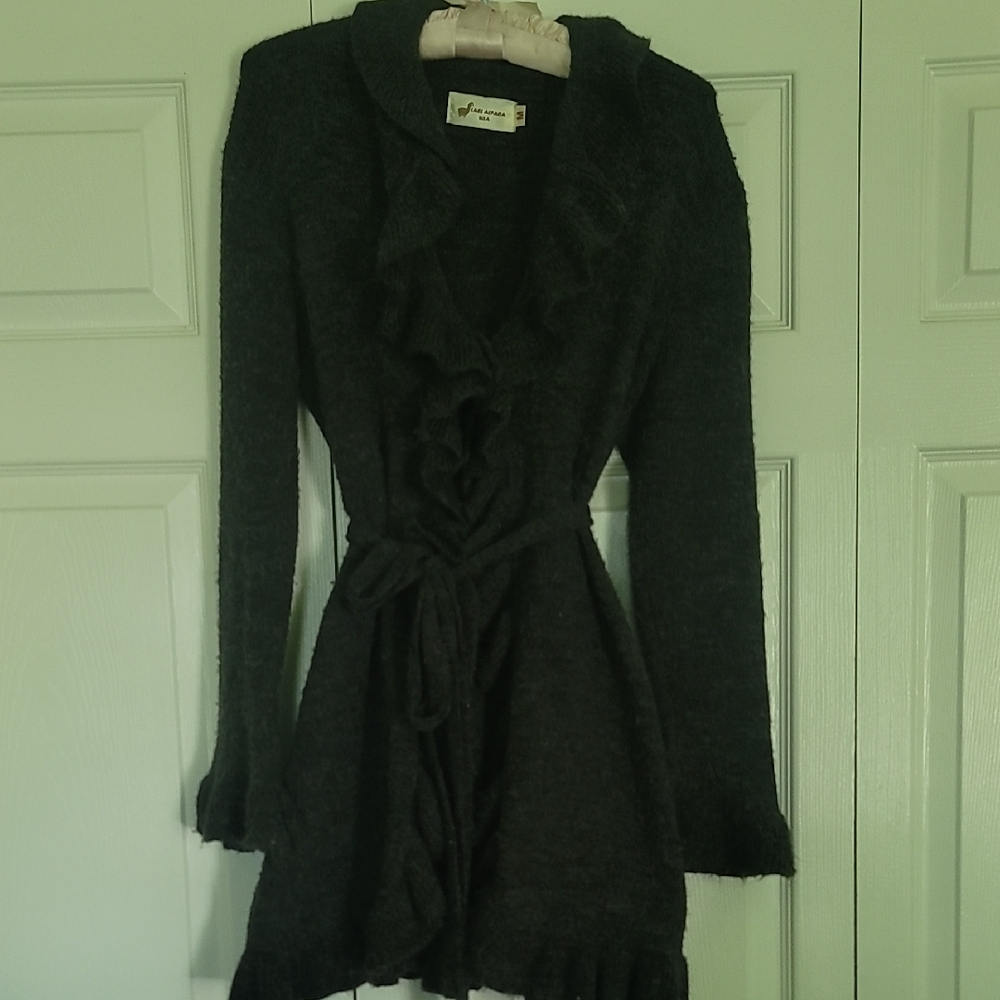 Dark Gray Ruffled Alpaca Wool Cardigan